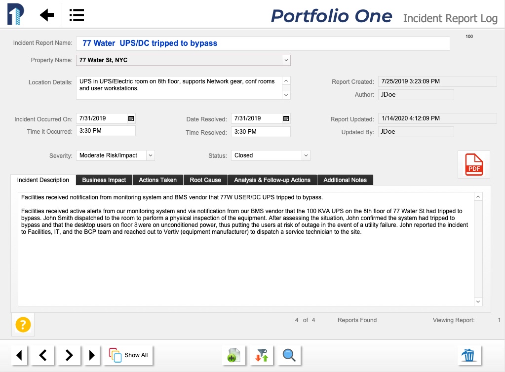 Portfolio One Incident Report Log detail screen