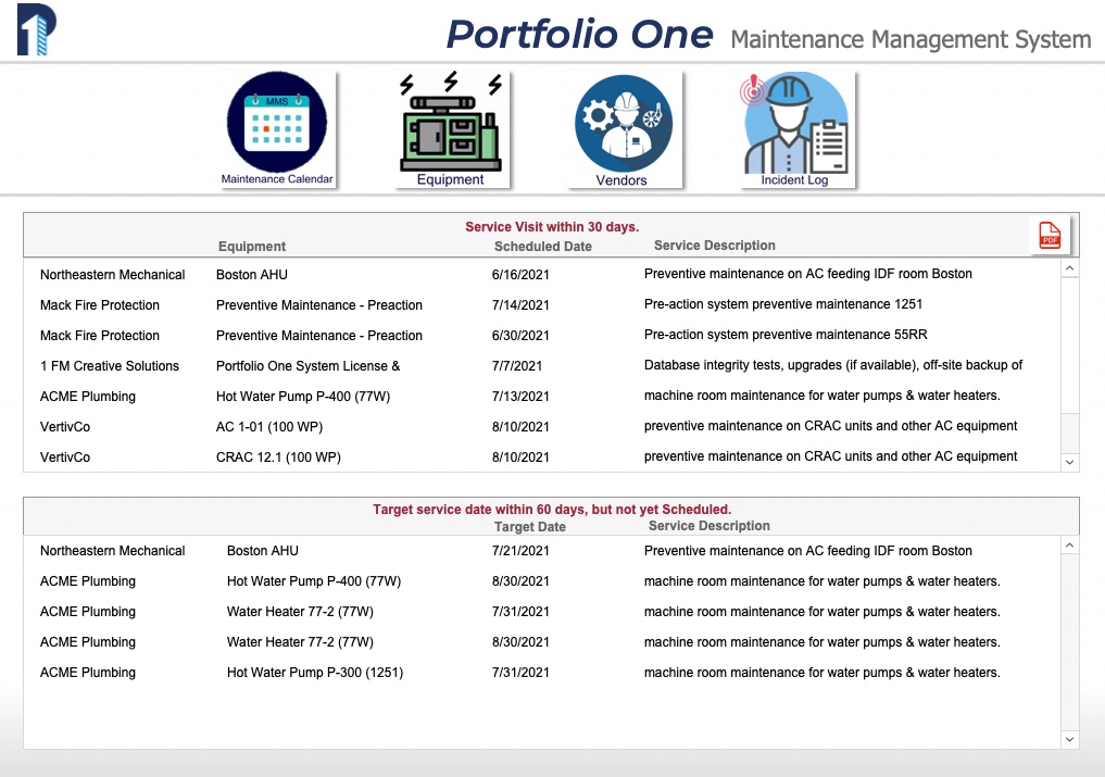 Portfolio One Maintenance Management System main menu